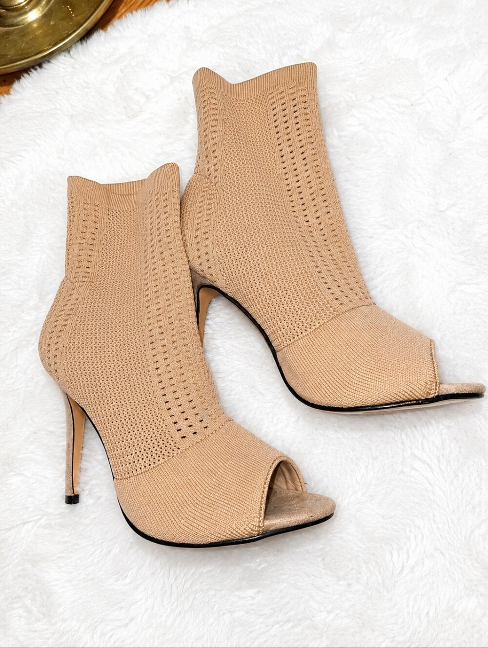 Nicole Miller Knit Peep-Toe Sock Booties in Camel Size 8